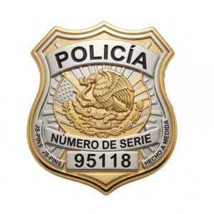 Two-tone gold and silver custom Mexican Policía shield badge with serial number