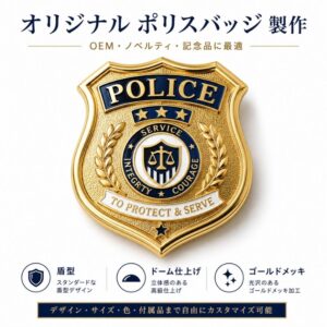 Gold-plated domed shield police badge with blue enamel accents, custom manufactured for security OEM supply.