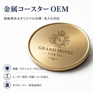 Custom engraved brass drink coaster with cork backing, luxury hotel barware for OEM wholesale supply.