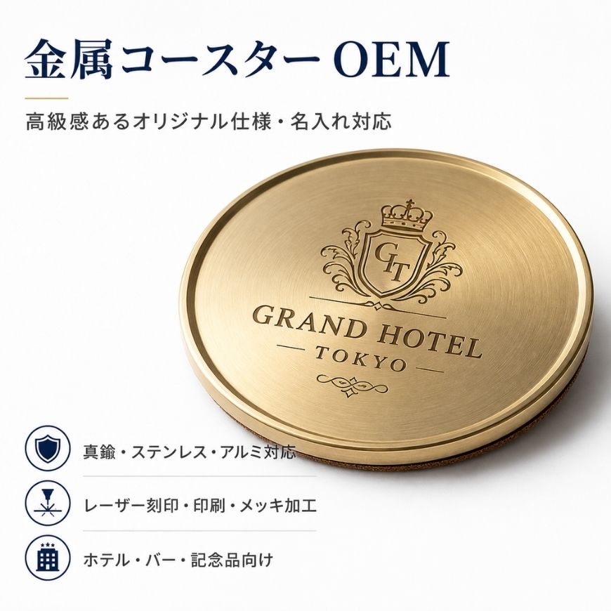 Custom engraved brass drink coaster with cork backing, luxury hotel barware for OEM wholesale supply.