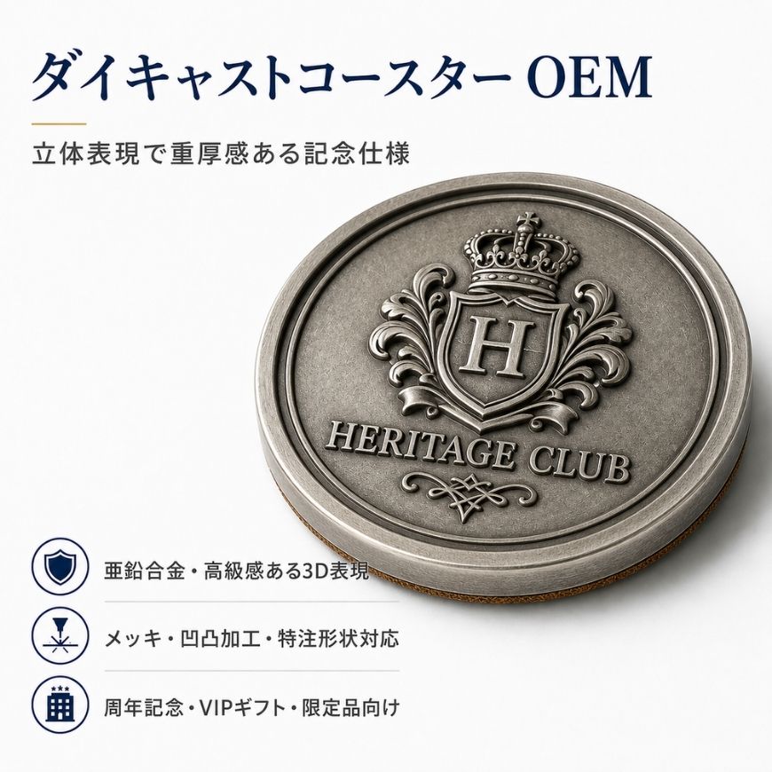 Antique silver 3D die-cast zinc alloy coaster with cork back, bespoke VIP anniversary gift OEM supply.