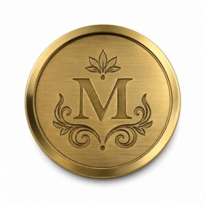 Brushed gold brass metal coaster with a customized monogram logo and decorative floral frame for luxury hospitality.
