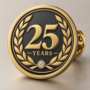 Custom 25 years work anniversary gold lapel pin with laurel wreath and crystal for corporate recognition awards.