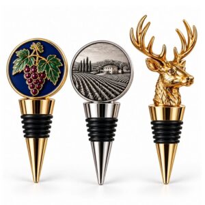 Custom zinc alloy wine bottle stoppers with enamel grape, embossed vineyard, and stag head toppers.