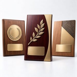 Custom wooden award plaques with engraved brass plates for corporate recognition gifts wholesale.