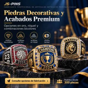 Custom championship rings in gold and nickel finishes with gemstone accents, manufactured for sports awards wholesale.