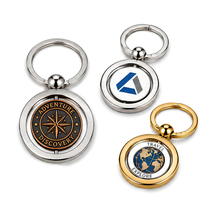 Custom round spinning metal keychains with corporate logos in shiny gold and silver plating for promotional gifts.