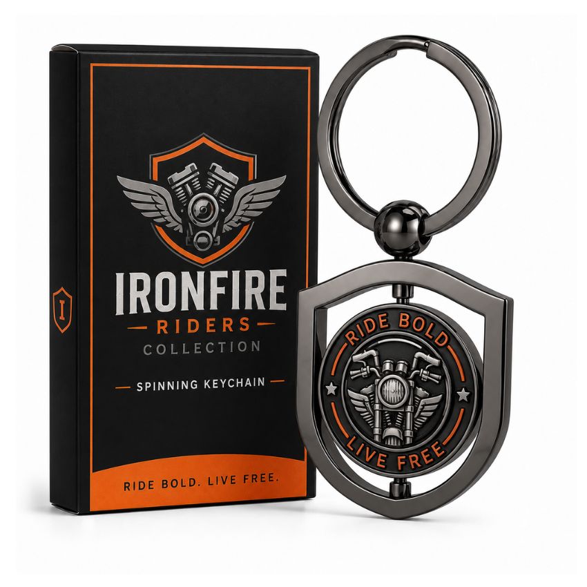 Shield shaped black nickel spinning keychain with motorcycle club logo and custom packaging box for wholesale.
