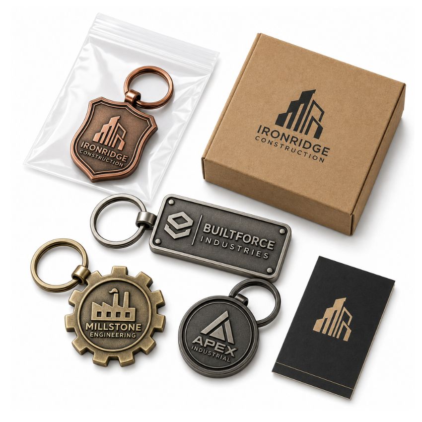 Custom die struck metal keychains with corporate logos, branded packaging boxes, and gift wrapping for B2B merchandising.