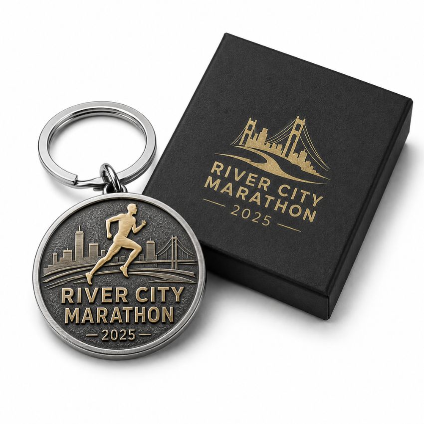 Custom River City Marathon 2025 runner metal keychain next to a branded black cardboard gift box.
