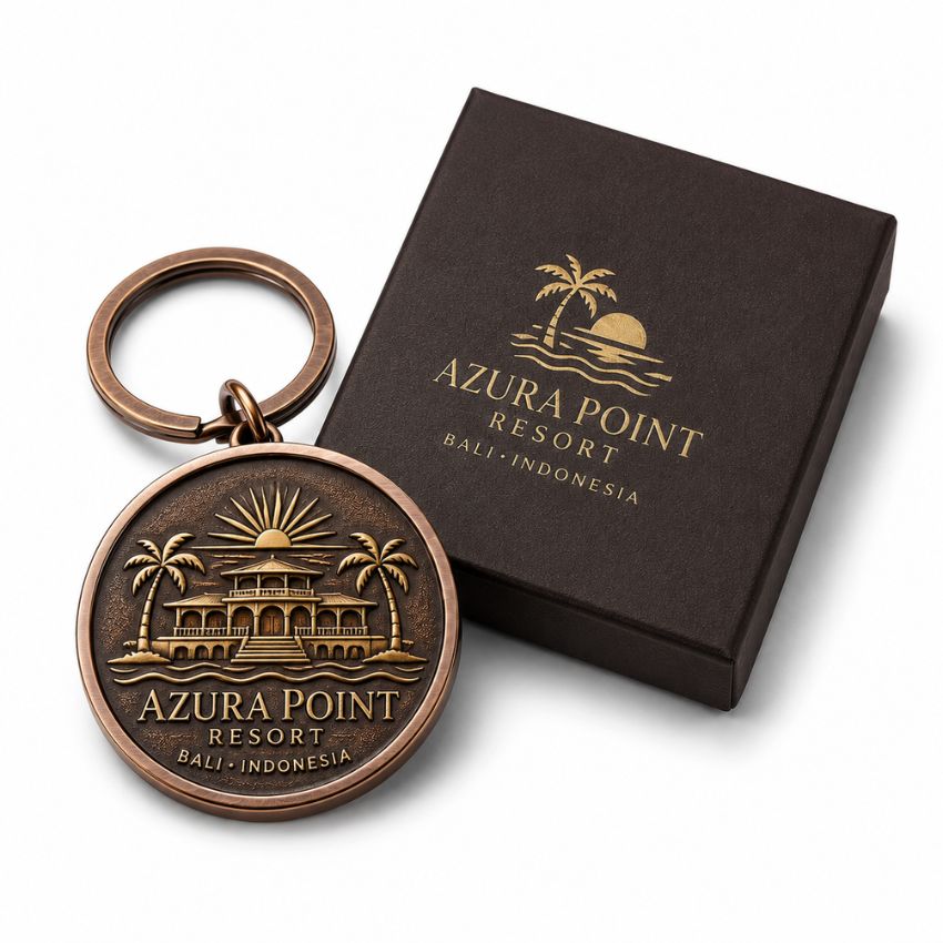 Custom Azura Point Resort bronze metal keychain with detailed landscape engraving and matching gift box.