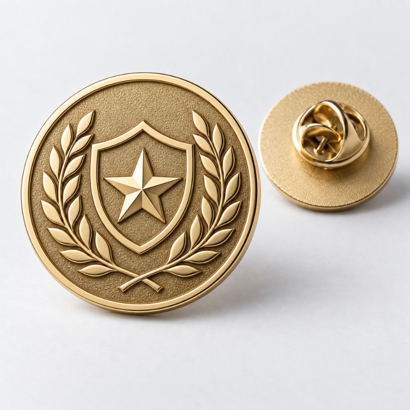 Antique gold die struck pin with star and shield emblem, perfect for corporate recognition programs and B2B wholesale.