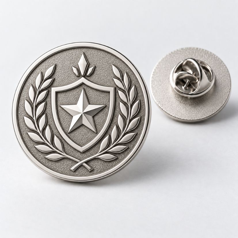 Antique silver die struck pin featuring a star shield and wreath, suitable for law enforcement badges and B2B wholesale.