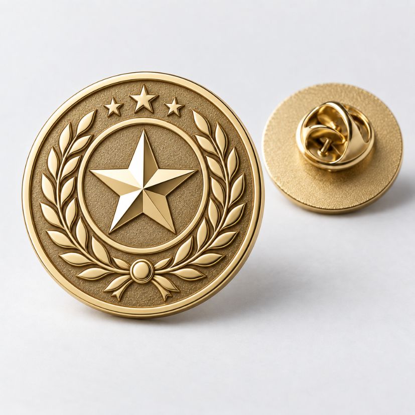 Antique gold die struck lapel pin with star and wreath design, excellent for custom military insignia B2B wholesale.
