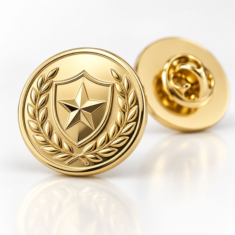 Polished gold die struck lapel pin with star and shield emblem, designed for premium corporate awards B2B wholesale.