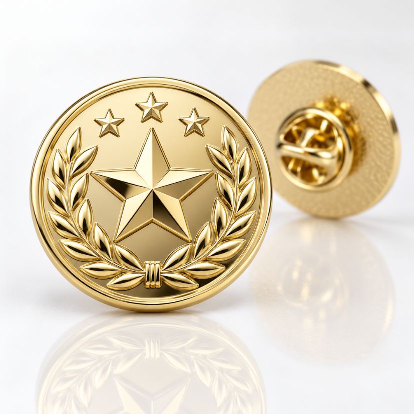 :Polished gold die struck pin featuring stars and wreath, ideal for premium employee recognition and B2B wholesale.