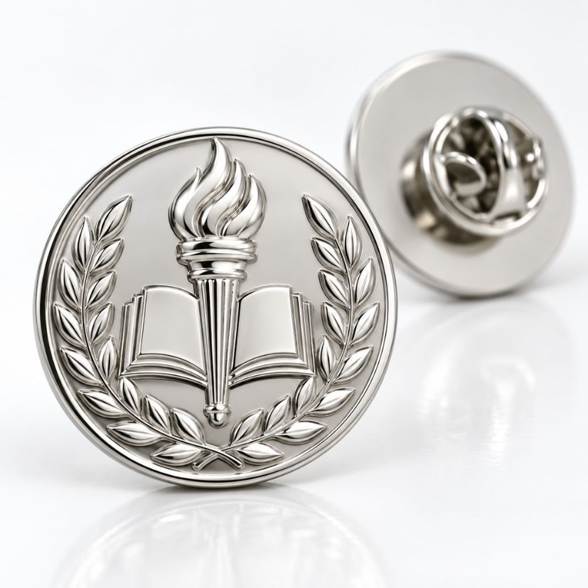 Polished silver die struck lapel pin with torch and book design, perfect for educational awards and B2B wholesale.