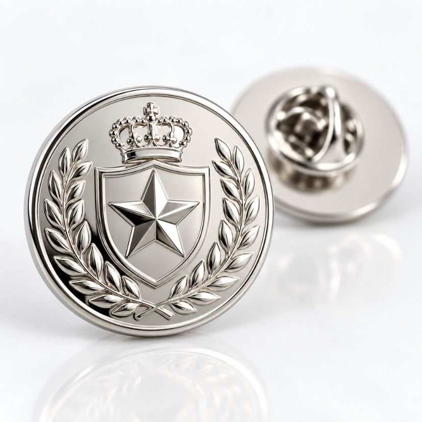 :Polished silver die struck pin with crowned star shield emblem, suitable for premium custom insignia B2B wholesale.