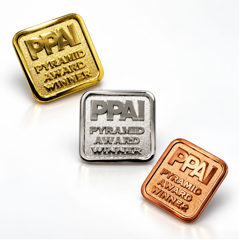 Square PPAI Pyramid Award Winner die struck pins in gold, silver, and copper finishes for corporate recognition programs.