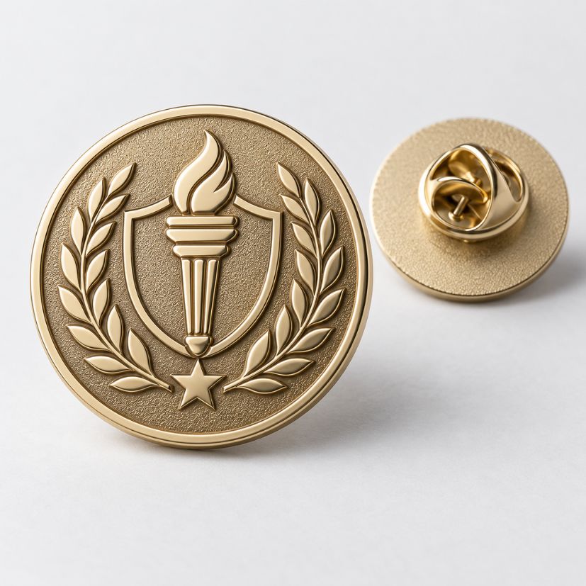 Gold die struck lapel pin with torch and shield motif and clutch back, ideal for academic or corporate award wholesale.