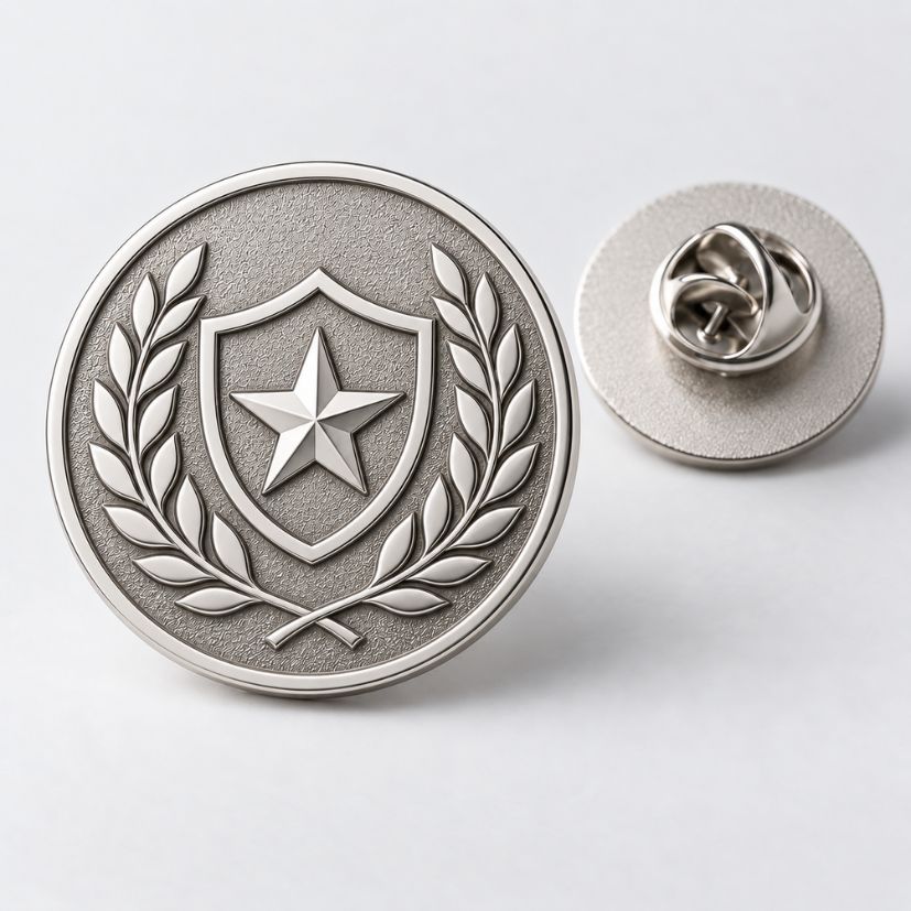 Custom silver die struck lapel pin with star and shield emblem and clutch back, perfect for law enforcement or security B2B.