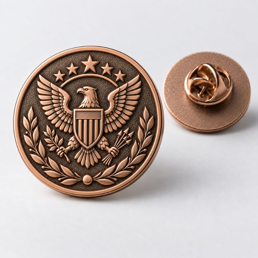 Antique copper die struck lapel pin with bald eagle motif, suitable for military insignia or government agency wholesale.