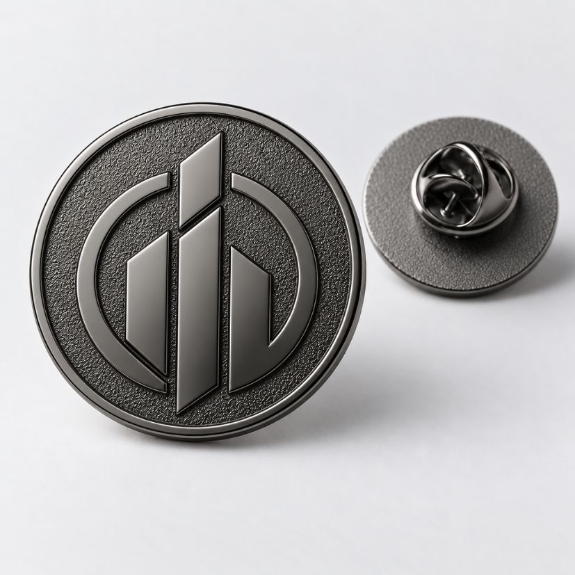 Custom black nickel die struck pin featuring a 3D geometric logo and textured background for corporate branding wholesale.