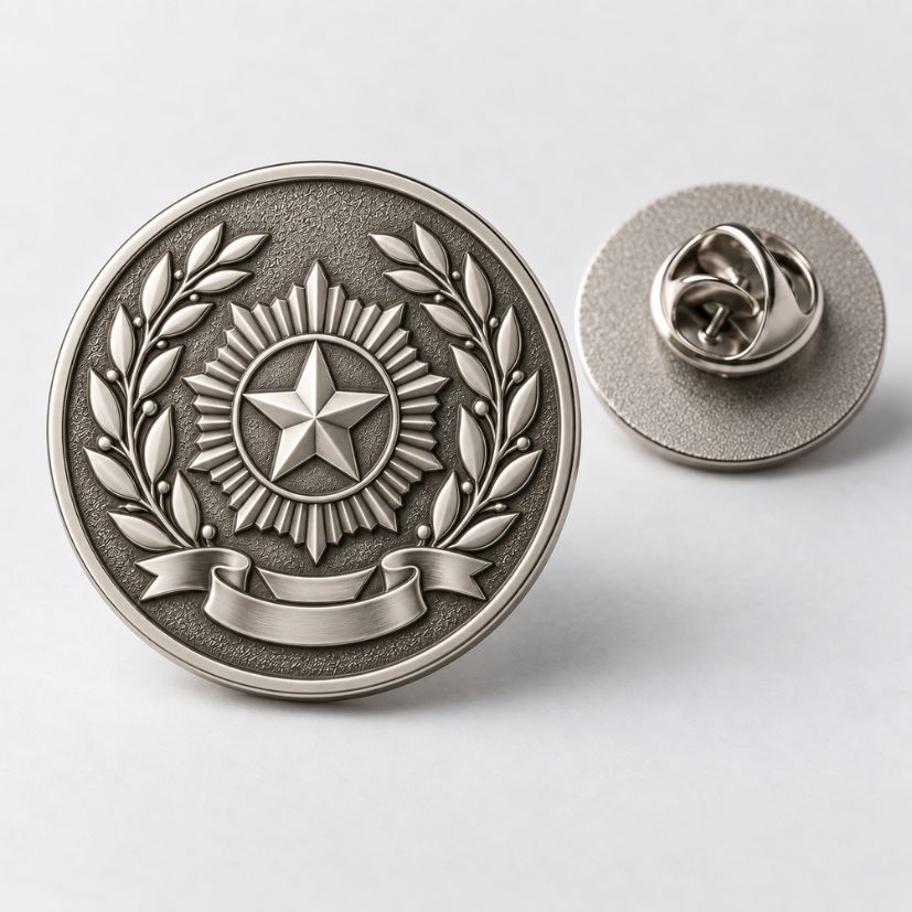 Antique silver die struck pin with blank ribbon banner, star and wreath, ideal for custom police or security badges B2B.