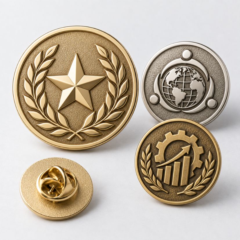 Custom round die struck pins in mixed metal finishes featuring star, globe, and gear motifs for B2B corporate awards.