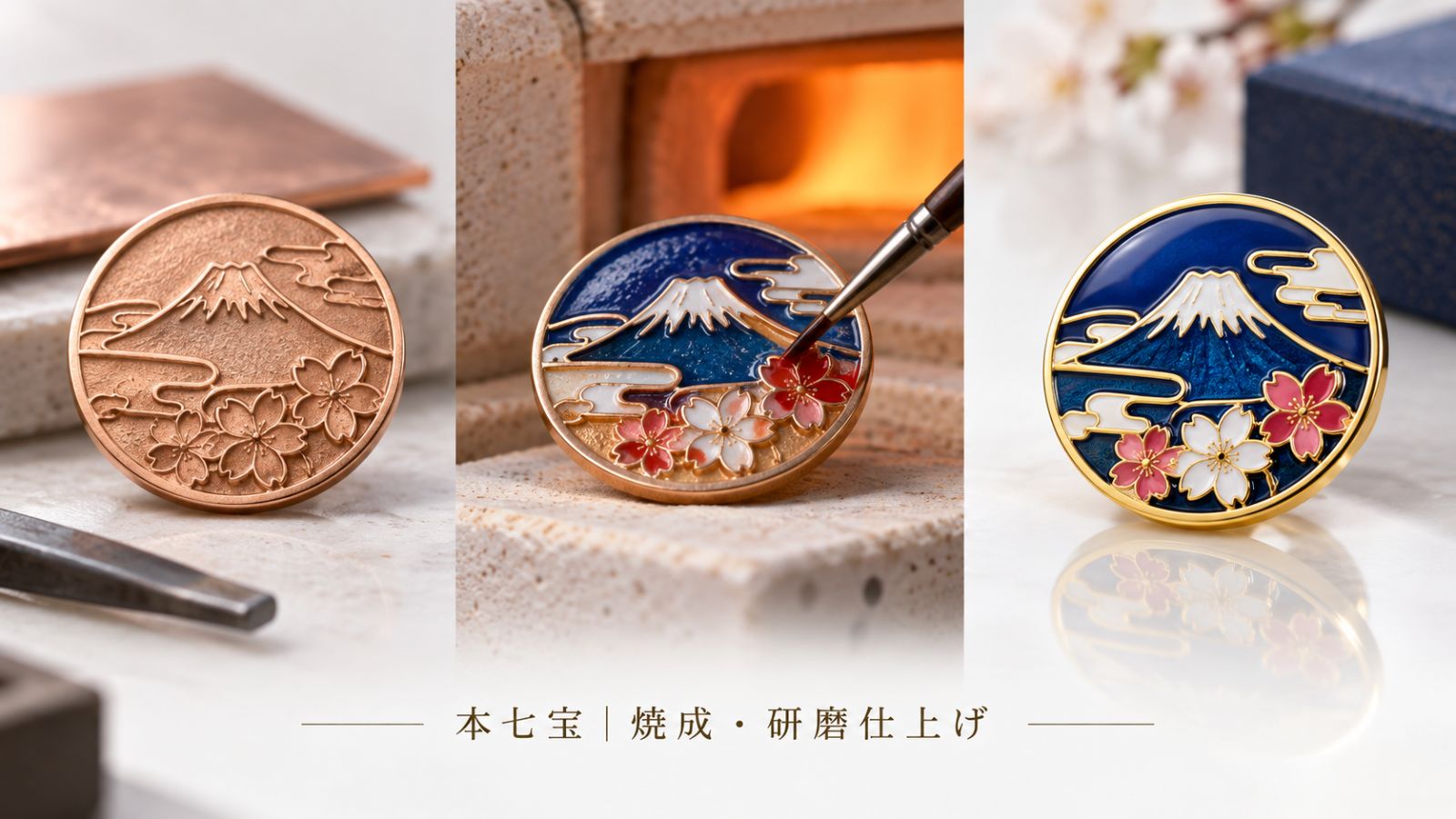 本七宝ピンバッジ製造工程・特注社章の焼成と研磨仕上げ