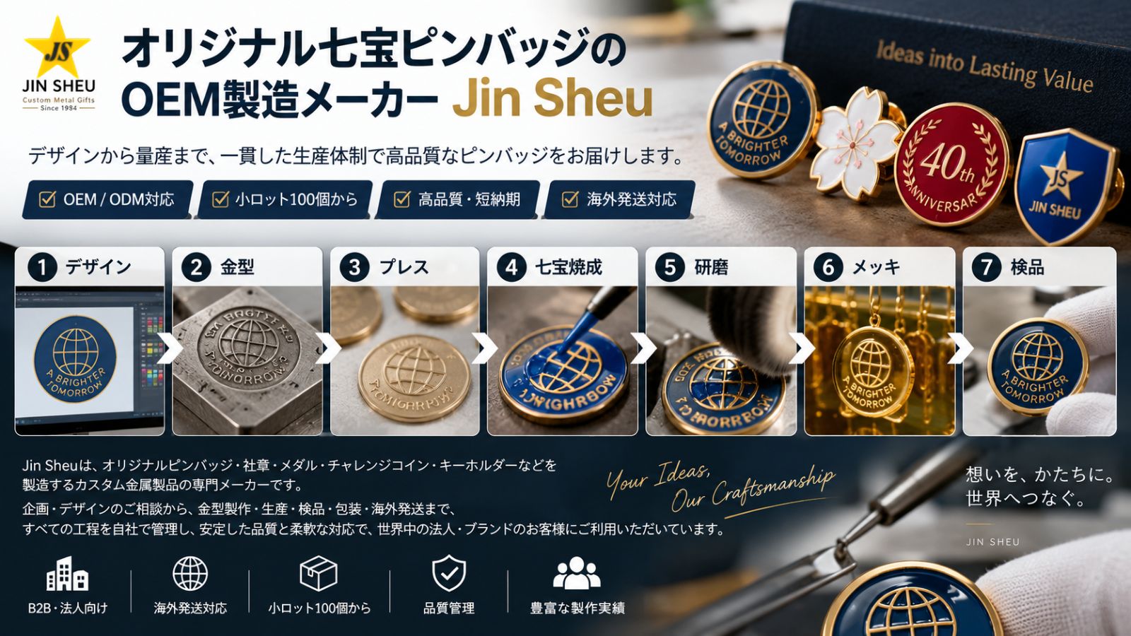 オリジナル七宝ピンバッジOEM製造メーカー Jin Sheu|一貫生産体制