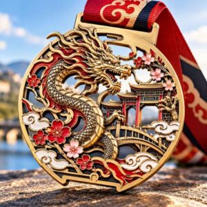 Custom zinc alloy medal featuring intricate 3D dragon and cut-out temple design for B2B wholesale promotional gifts.