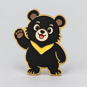 Custom Formosan black bear soft enamel pin with shiny gold plating, featuring a waving design for wholesale promotional gifts.
