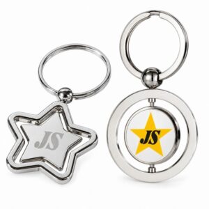 Custom metal spinning keychains with engraved and printed logo options, ideal for corporate promotional gift wholesale.