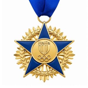Custom gold zinc alloy star medal with blue enamel and laurel wreath, premium award for sports events wholesale.