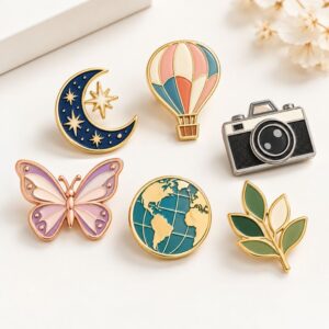 Custom soft enamel lapel pins with gold and silver plating, ideal for wholesale branded merchandise.