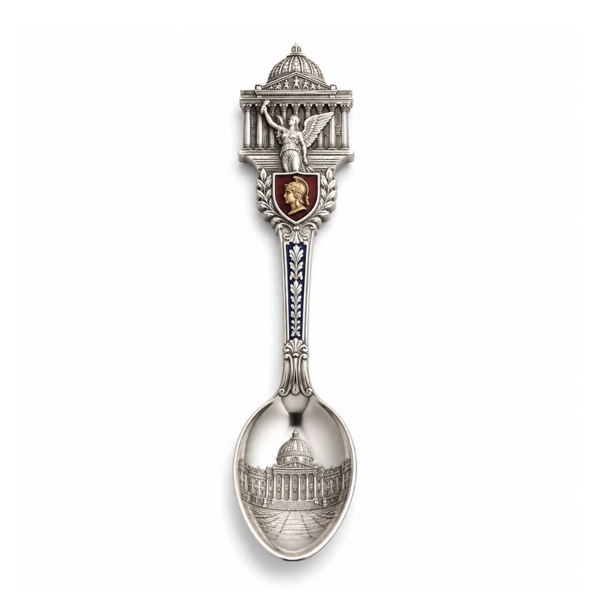 Intricately detailed silver souvenir spoon featuring classic architecture, ideal for custom souvenir merchandise.