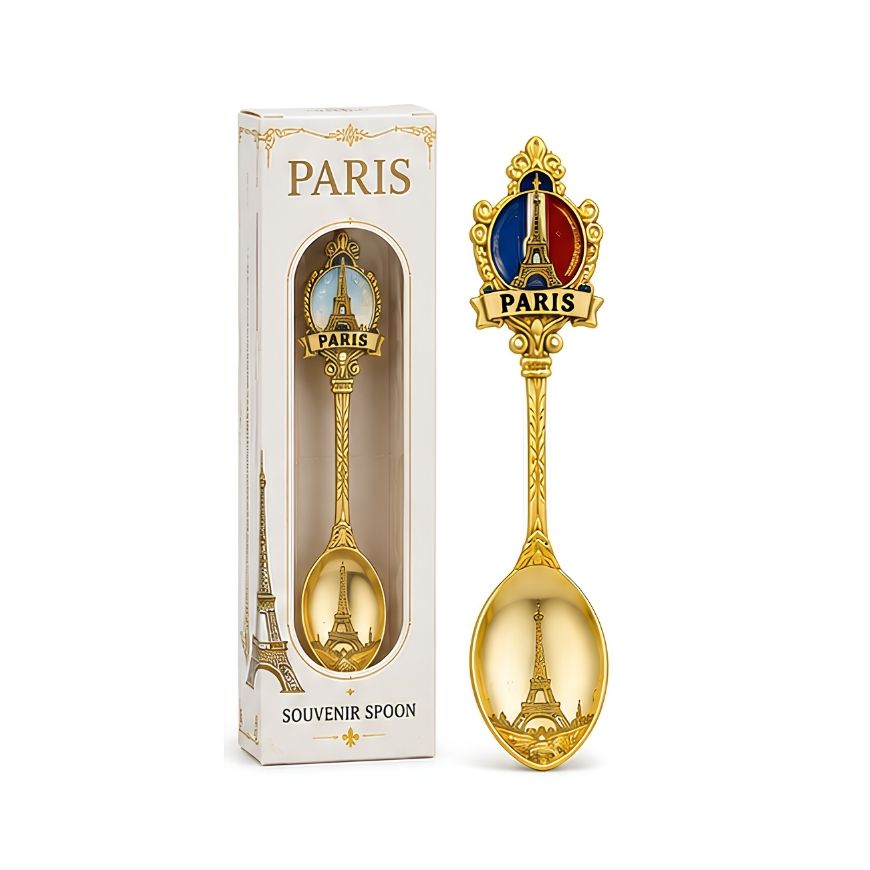 Gold-plated Paris Eiffel Tower souvenir spoon with custom matching display box for wholesale gift shop merchandise.