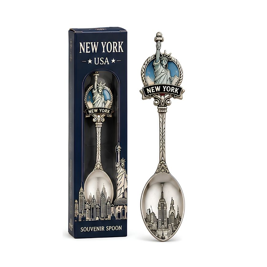 Antique silver New York Statue of Liberty souvenir spoon with branded packaging box, ideal for B2B gift merchandise.