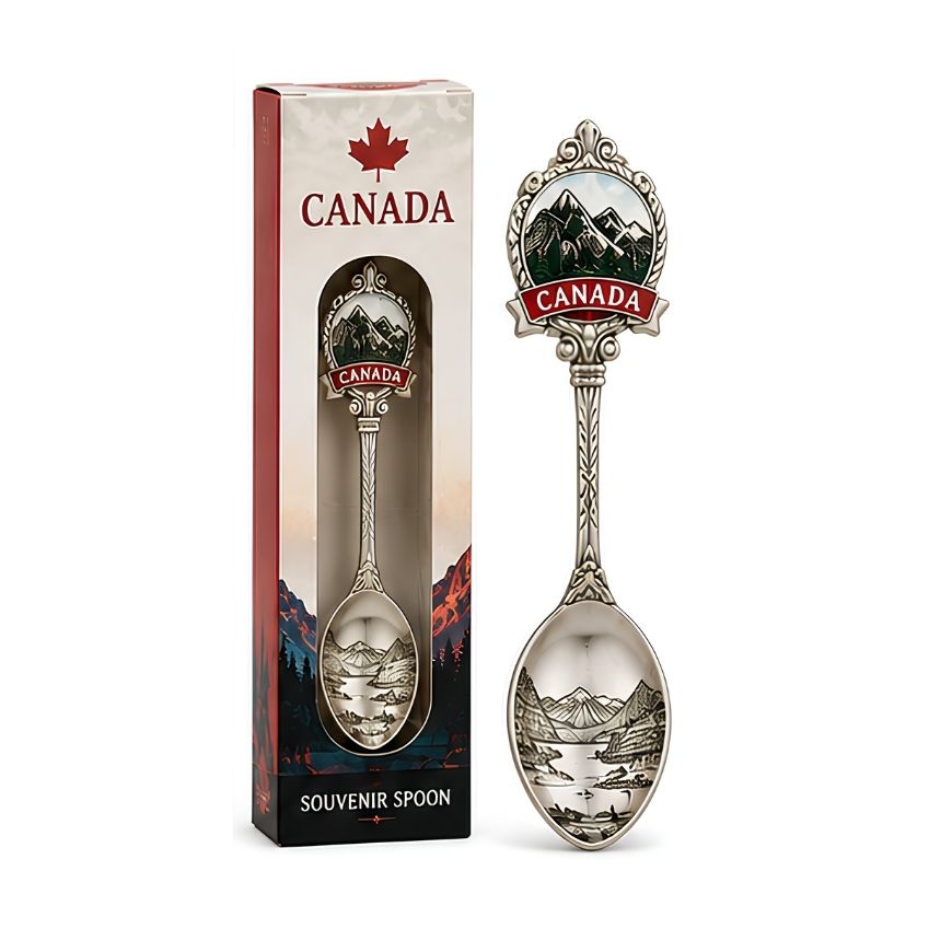 Silver Canada souvenir spoon featuring engraved mountain landscape and branded packaging box for wholesale merchandise.