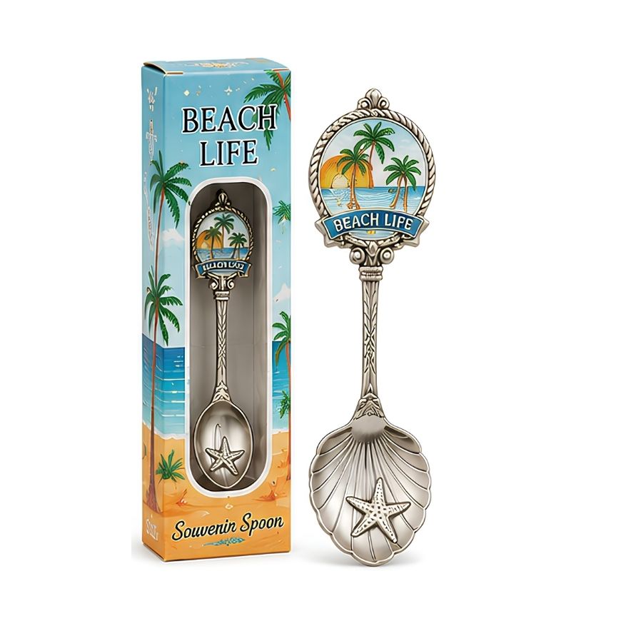 Silver Beach Life souvenir spoon with palm tree top and starfish bowl next to custom retail packaging box.