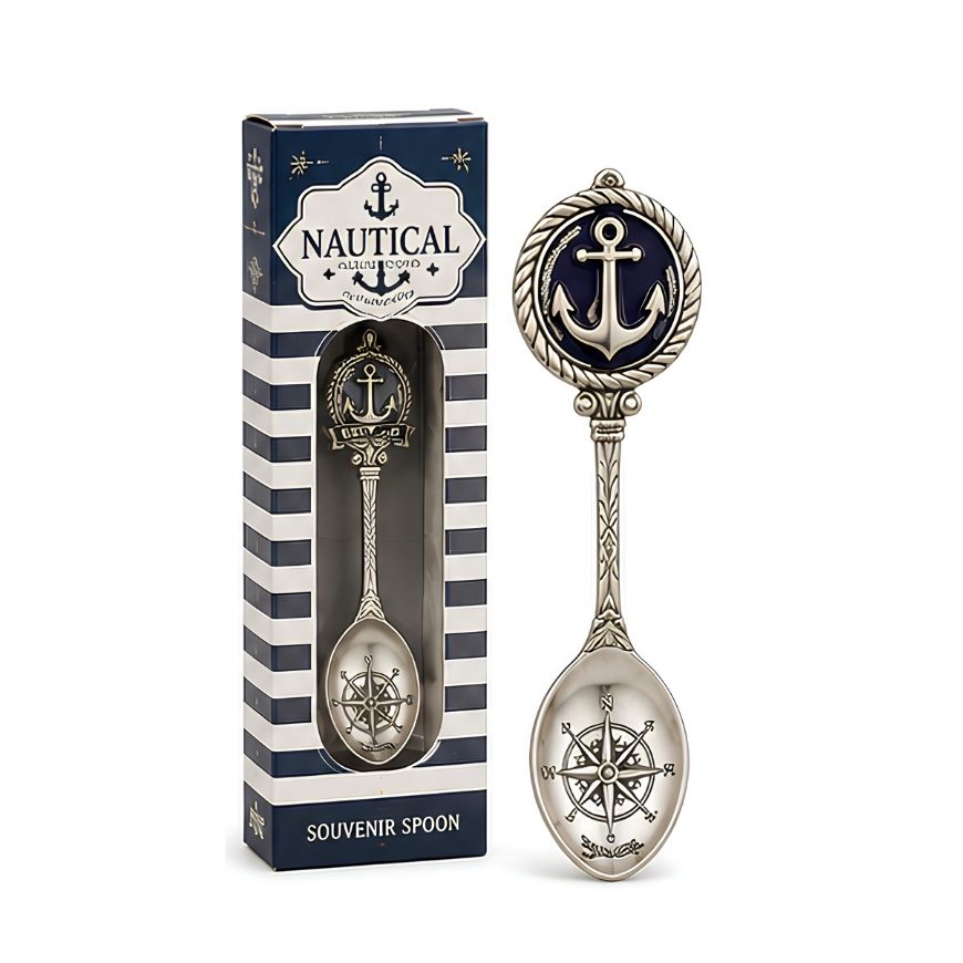 Silver nautical anchor souvenir spoon with compass bowl engraving beside striped retail packaging box for wholesale.
