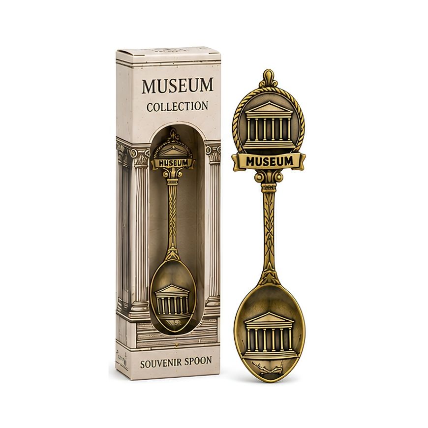 Antique brass Museum Collection souvenir spoon featuring classic pillar architecture with custom retail box packaging.