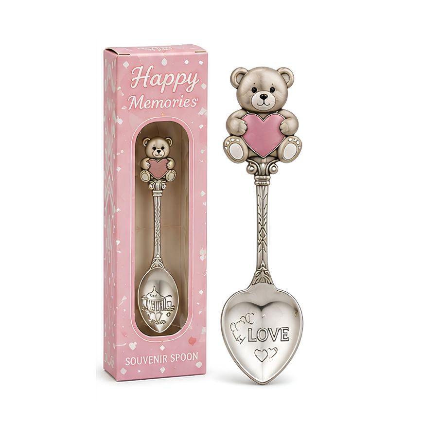 Cute teddy bear souvenir spoon with pink heart accent and matching gift box, ideal for customized retail merchandise.
