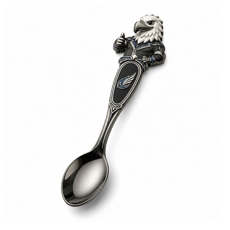 Custom black metal souvenir spoon with a detailed 3D eagle mascot top, perfect for promotional gifts.