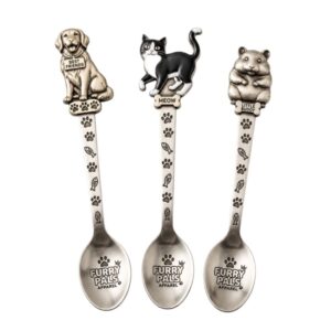 Custom metal pet spoons featuring dog, cat, and hamster handle toppers, ideal for pet supply store promotional gifts.