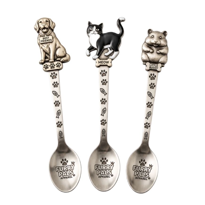 Custom metal pet spoons featuring dog, cat, and hamster handle toppers, ideal for pet supply store promotional gifts.