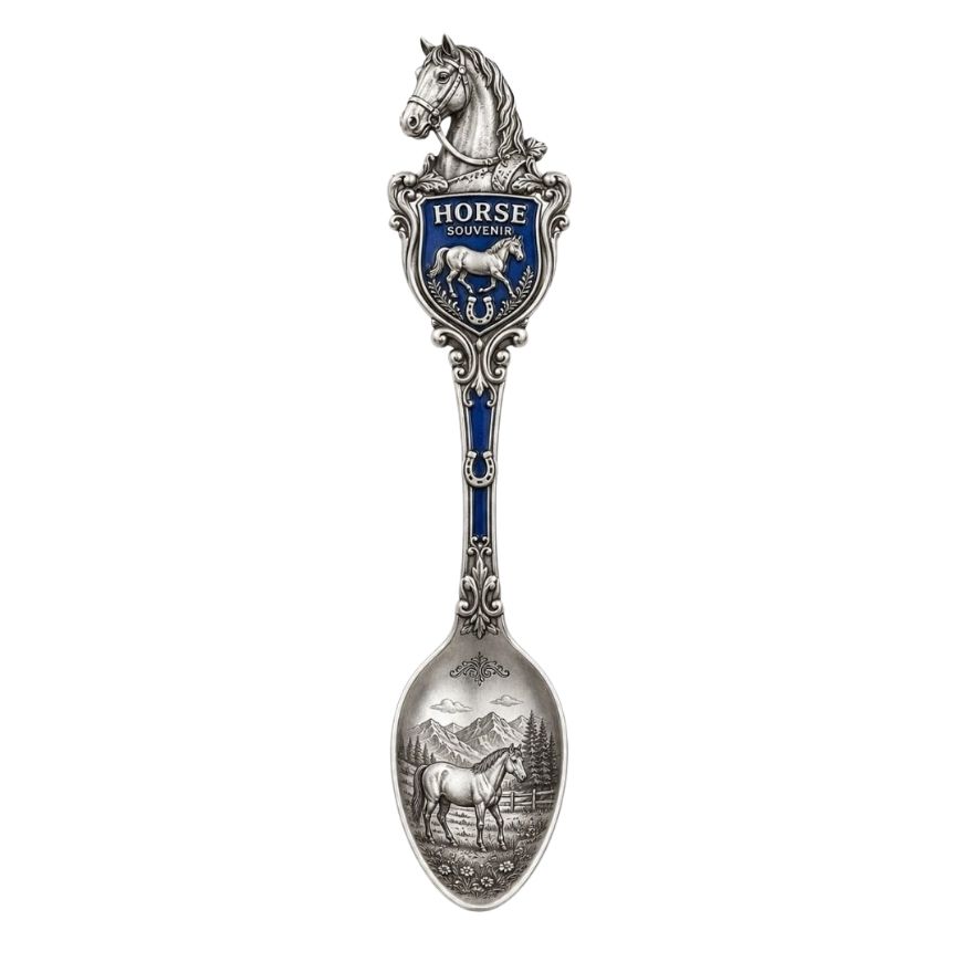 Antique silver horse souvenir spoon with blue enamel emblem and detailed horse engraving, custom collectible silverware.