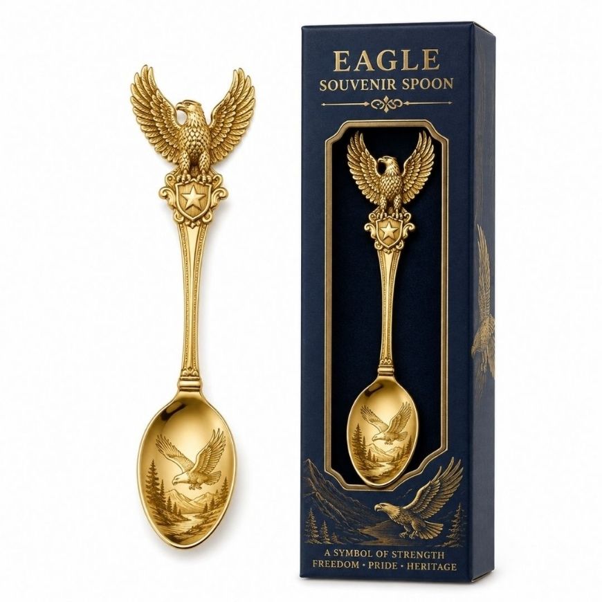 Gold eagle souvenir spoon with custom presentation box, high-end promotional metal gift for corporate branding.