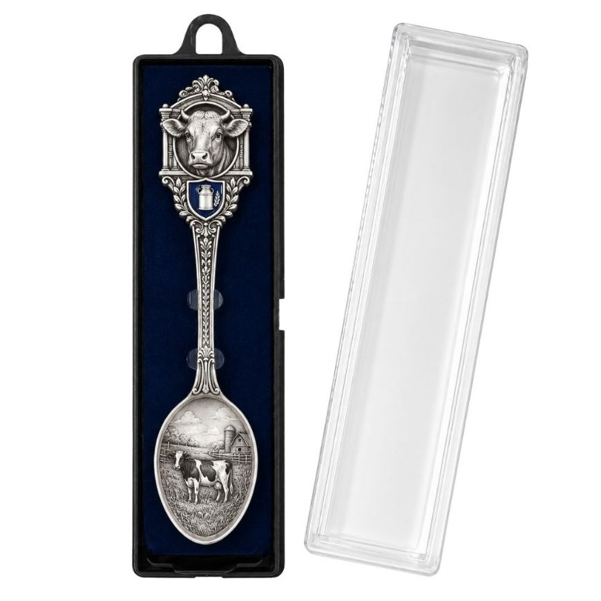 Custom silver cow souvenir spoon in a protective display box, high-quality metal gift item for agricultural branding.